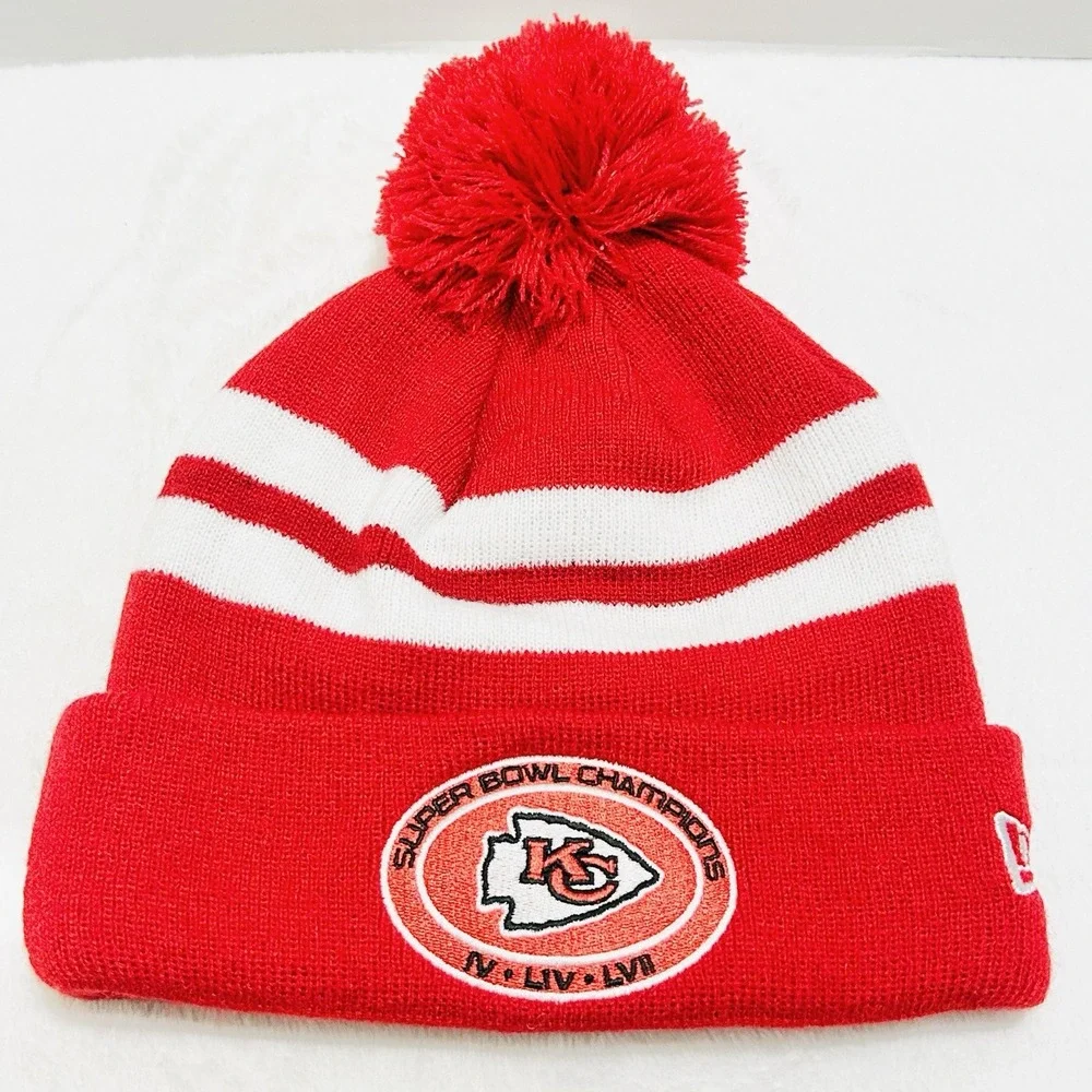 New Era Kansas City Chiefs Multi Champs Pom Beanie Hat Cap Knit Cuff Red NFL‎